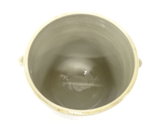  膳所焼　岩崎新定造　灰釉　耳付　唐草文　水指